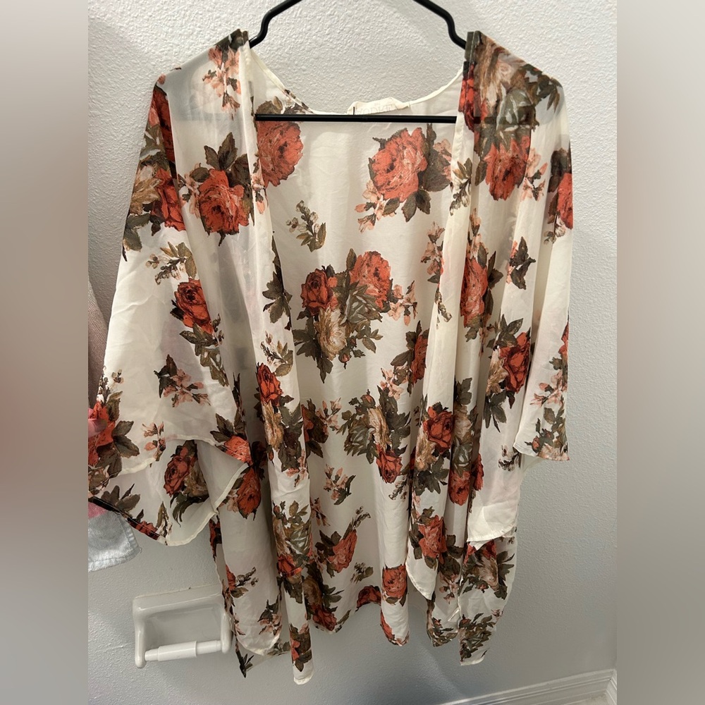 Audrey Floral Sheer Kimono in Cream and Brown